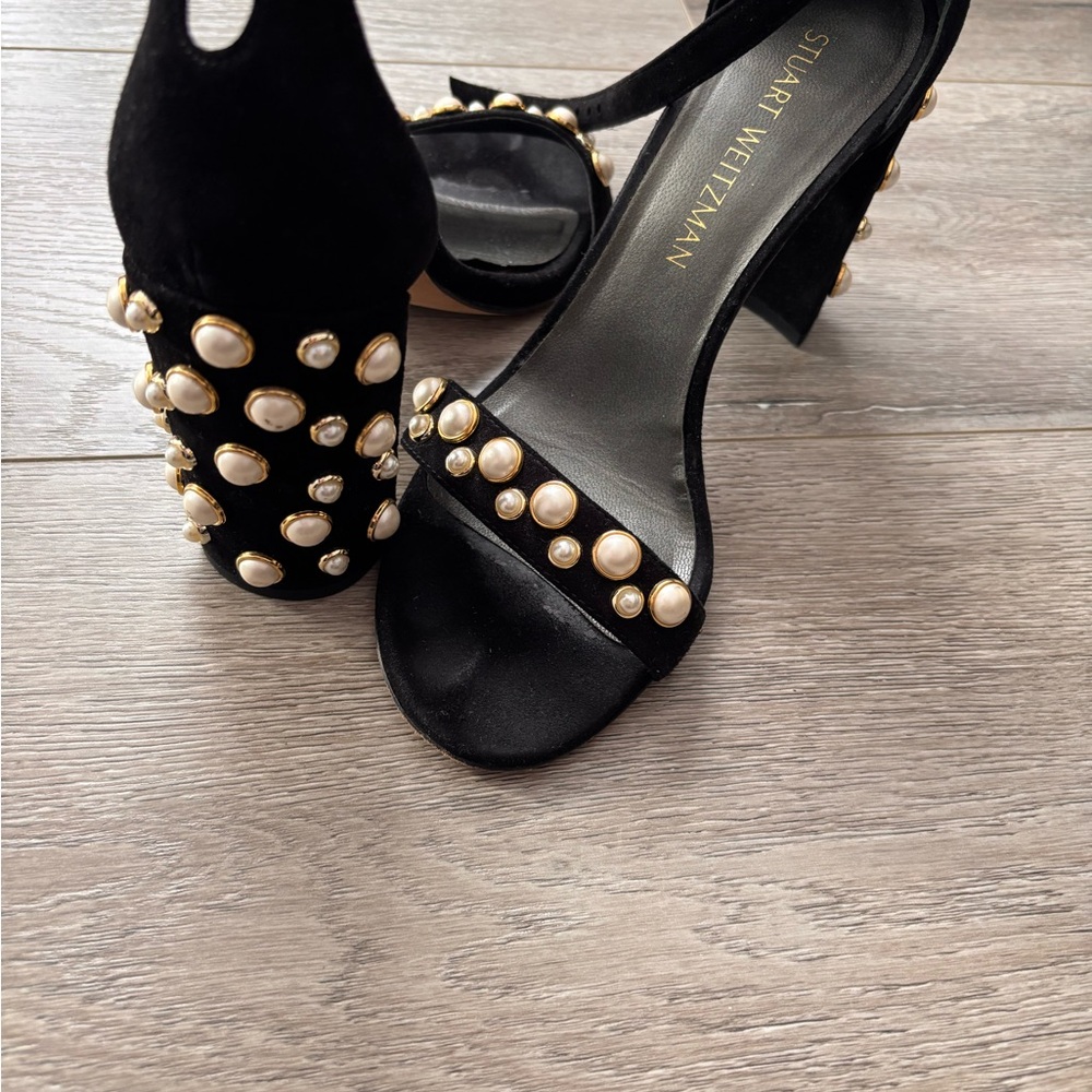 Stuart Weitzman Black Suede Heels with Pearl and Gold Studs